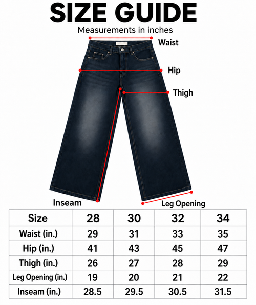 Chipang Denim men's black jeans size guide for sizes 28, 30, 32 and 34 with waist, hip, thigh, leg opening and inseam measurements